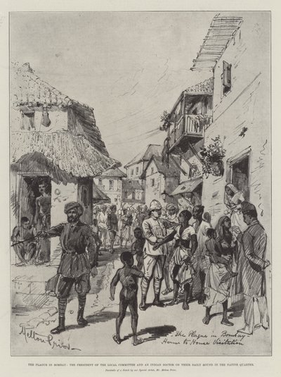 The Plague in Bombay, the President of the Local Committee and an Indian Doctor on their Daily Round in the Native Quarter by Melton Prior